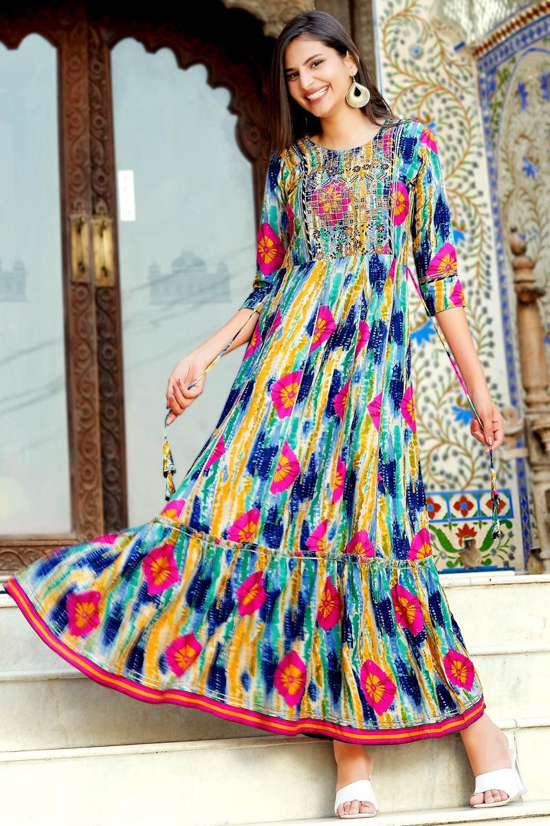 Soothing Printed Work On Multi Color Rayon Fabric Kurti