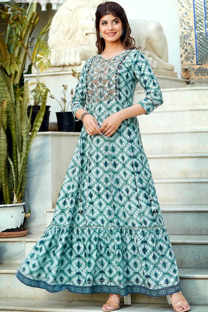 Tempting Rayon Fabric Sea Green Color Kurti With Printed Work