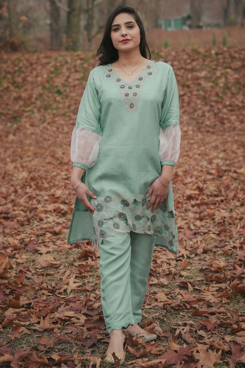 Sea Green Silk Embroidered Co-Ord Set