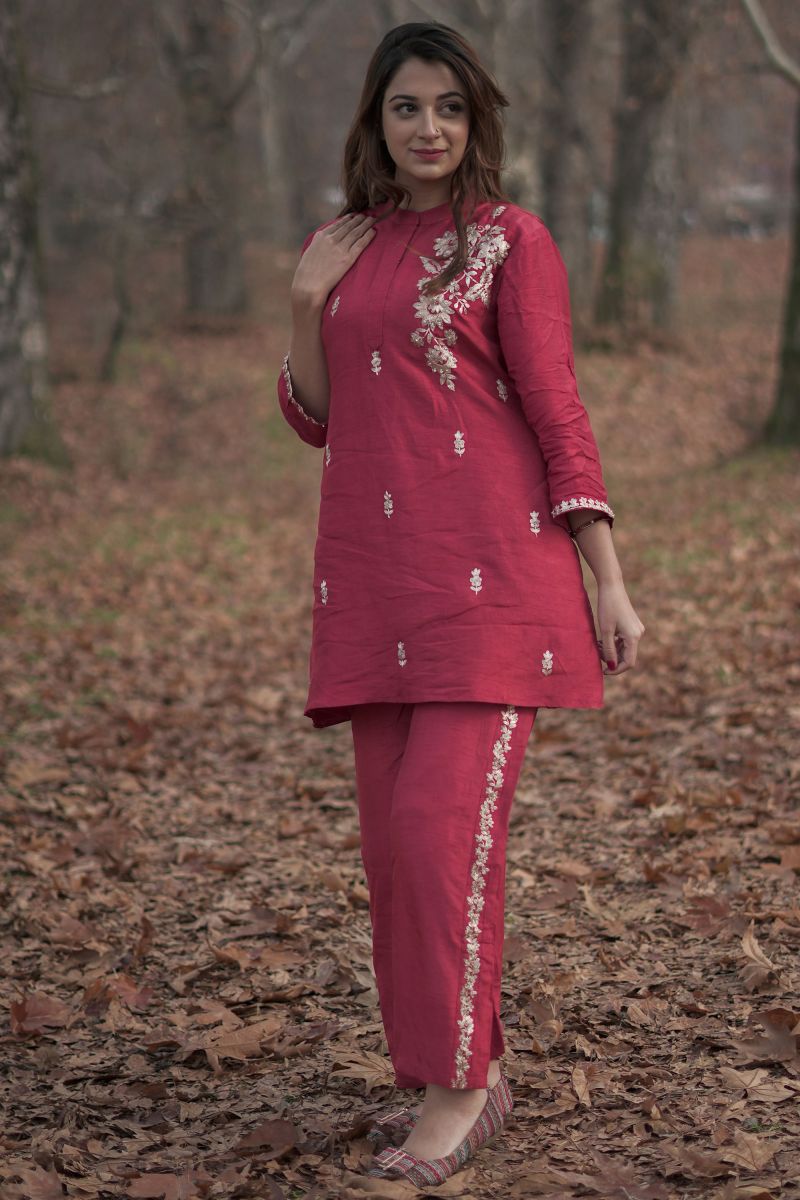 Red Art Silk Embroidered Co-Ord Set