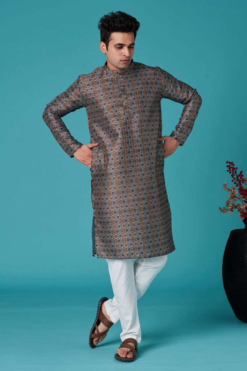 Fetching Grey Art Silk Fabric Sangeet Wear Kurta For Men