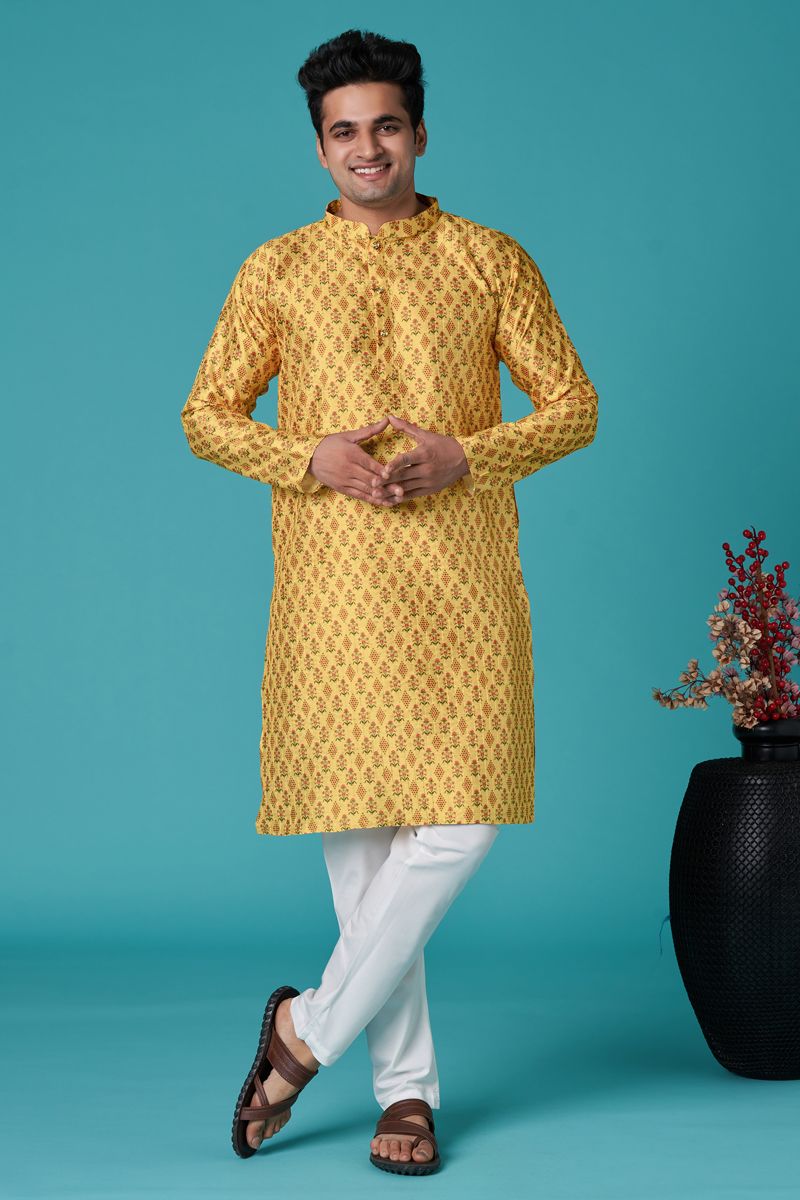 Yellow Color Art Silk Fabric Reception Wear Striking Kurta For Men