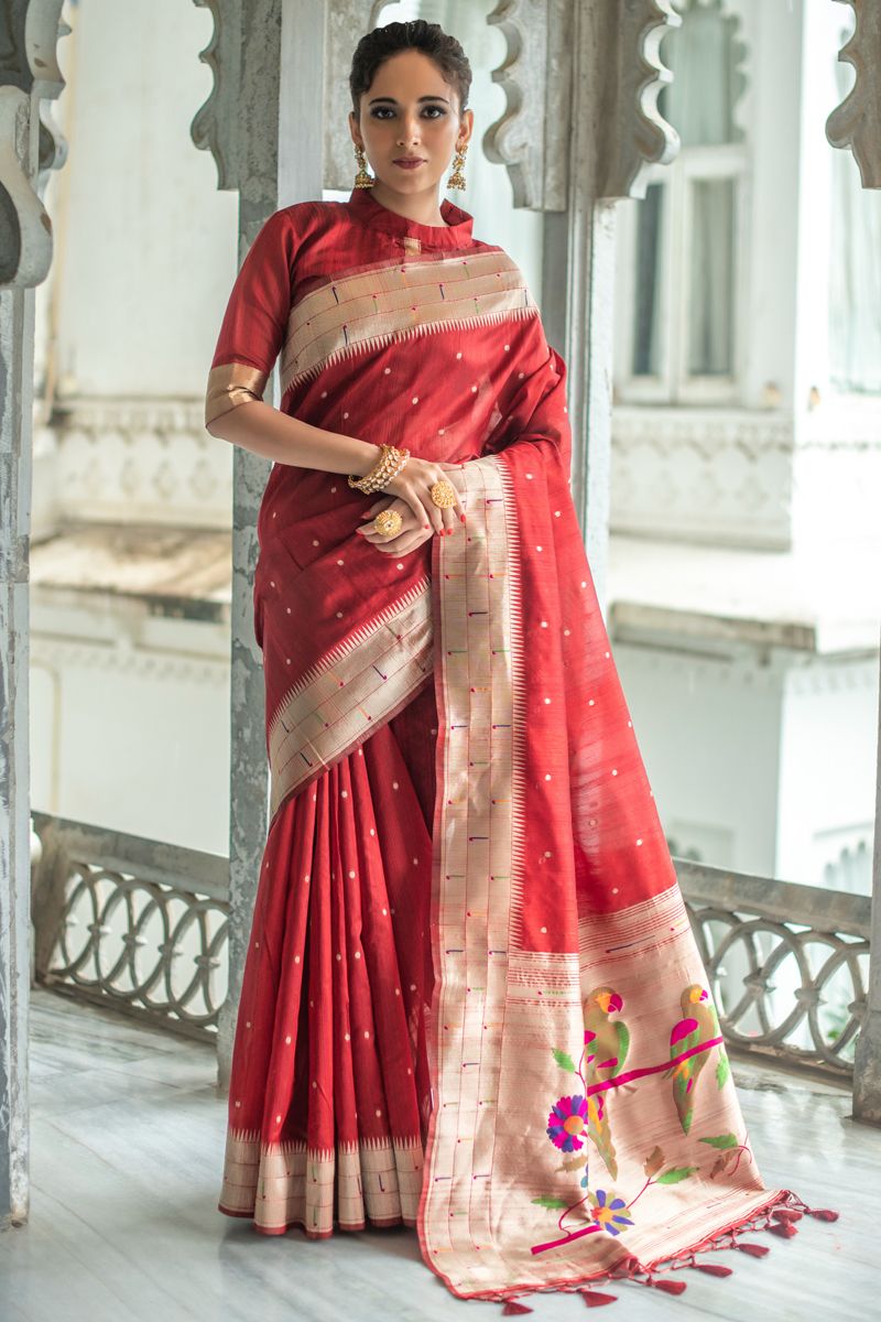 Art Silk Red Weaving Work Winsome Saree