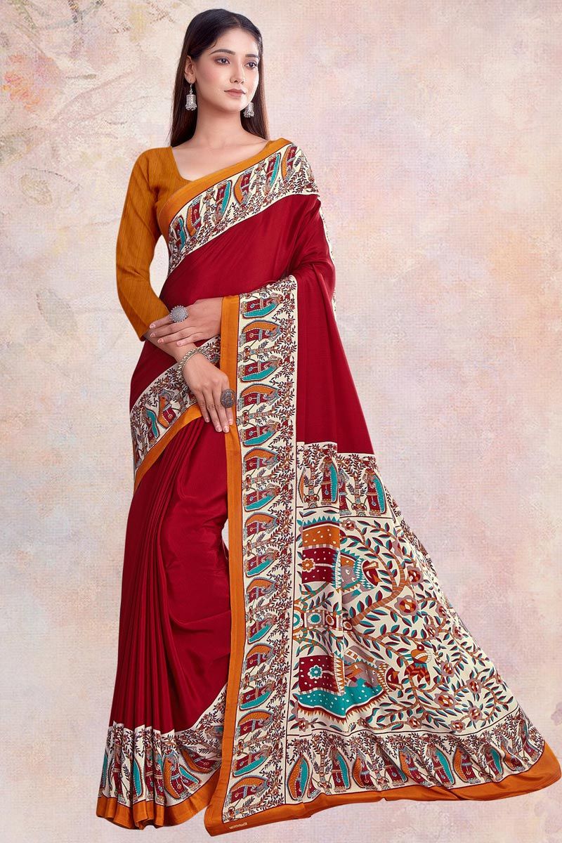 Creative Printed Crepe Saree In Red Color