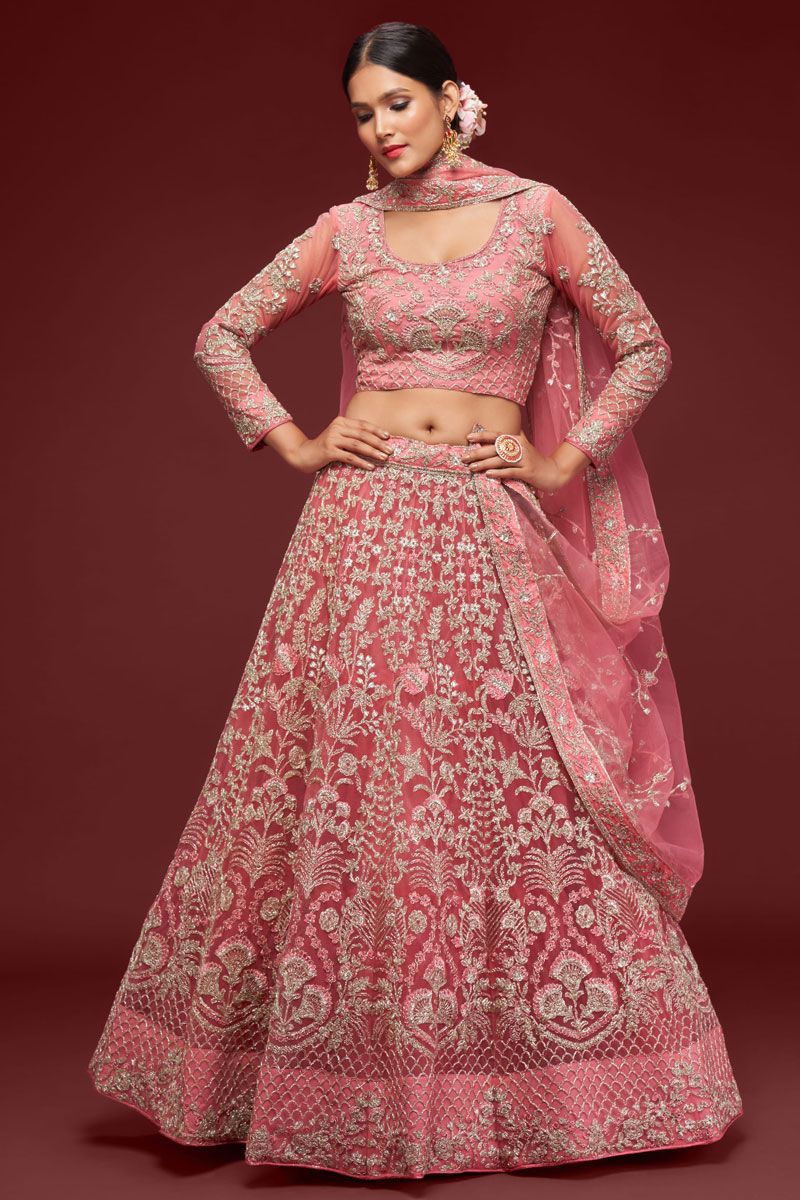 Net Pink Color Lehenga Choli With Embroidered Work