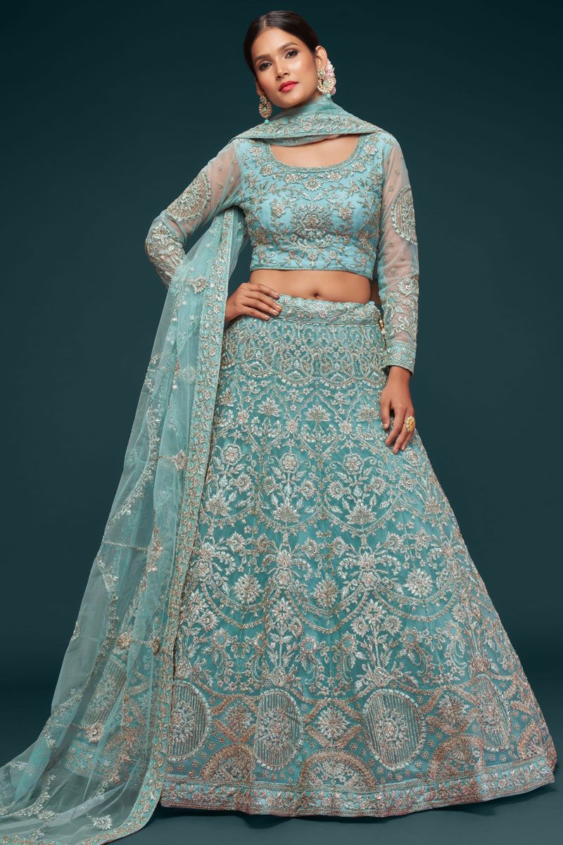 Cyan Color Net Lehenga Choli With Embroidered Work