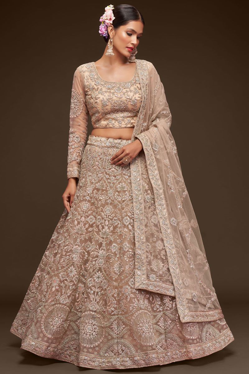 Net Beige Color Lehenga Choli With Embroidered Work