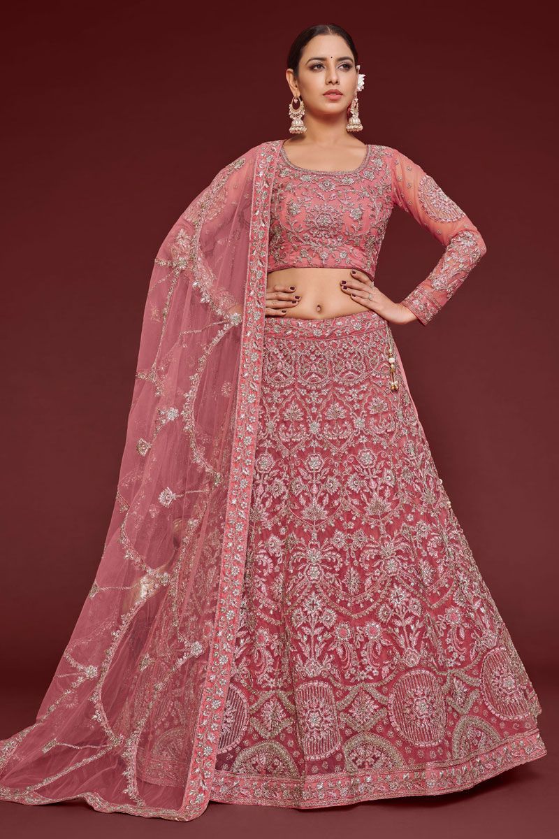 Embroidered Work On Lehenga Choli In Peach Color Net Fabric