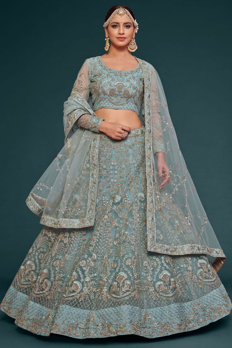 Net Light Cyan Color Lehenga Choli With Embroidered Work