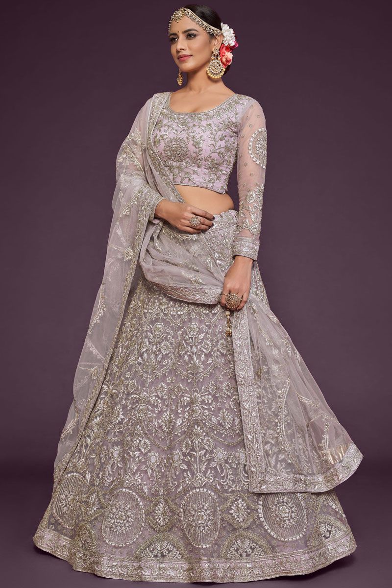 Cream Color Embroidered Work On Net Lehenga Choli