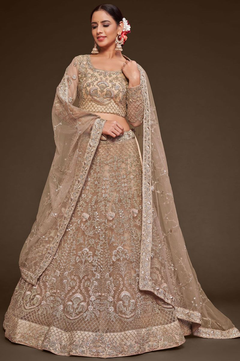 Embroidered Work On Beige Color Net Lehenga Choli