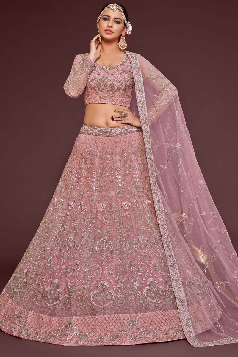 Embroidered Work On Net Pink Color Lehenga Choli