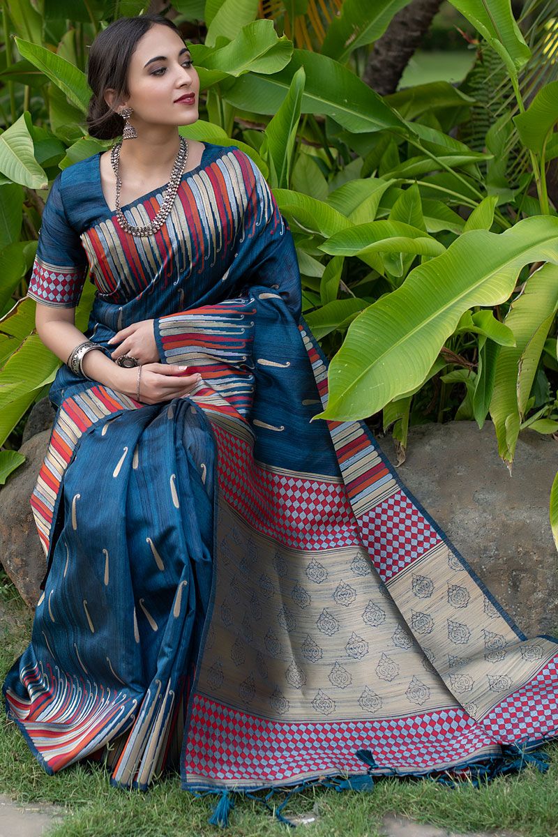 Weaving Work On Blue Color Princely Saree