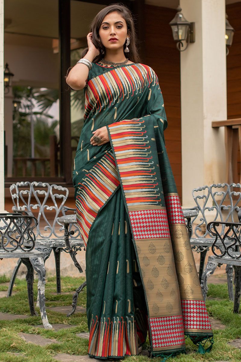 Art Silk Fabric Dark Green Color Patterned Saree