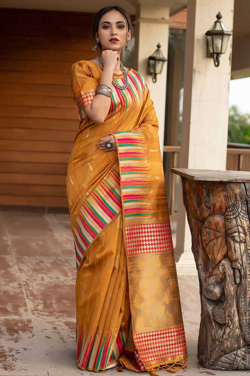 Mustard Color Art Silk Fabric Saree With Weaving Work