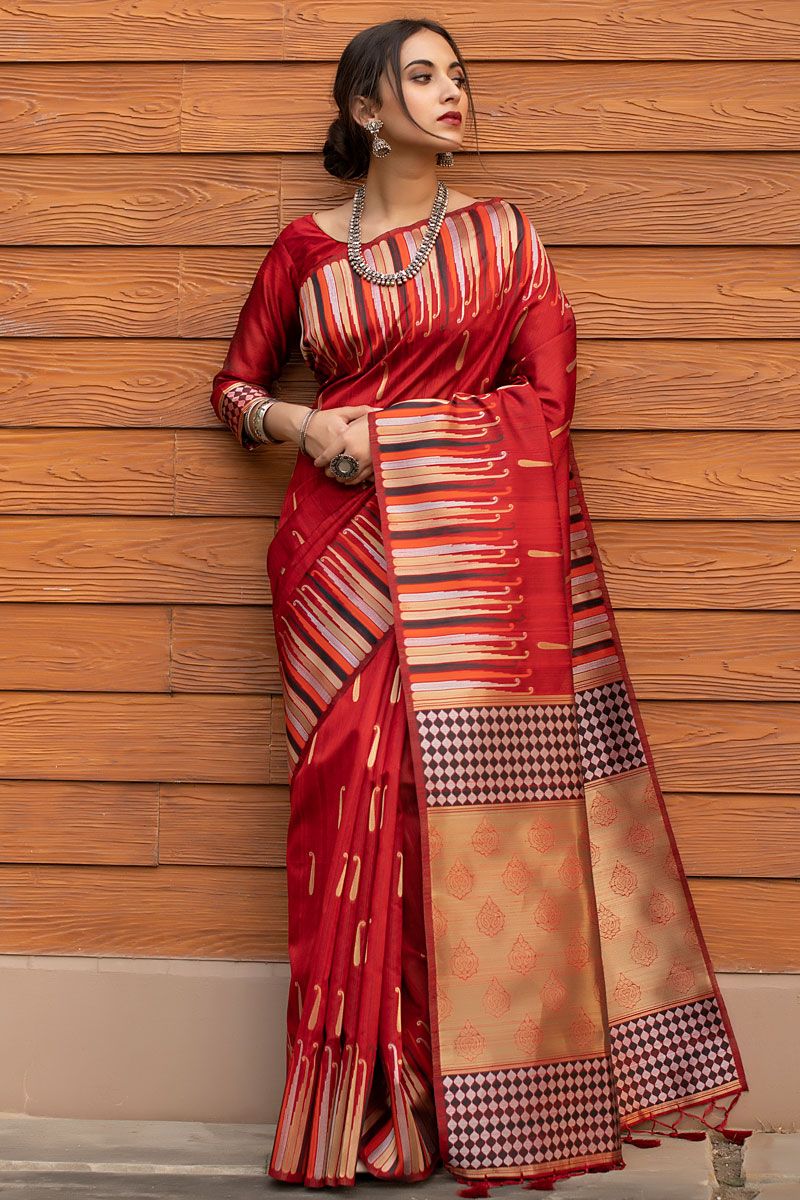 Art Silk Fabric Red Color Pleasance Saree