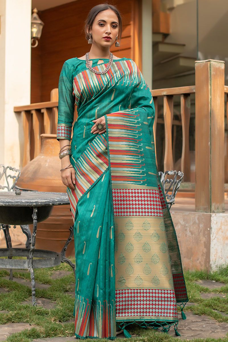 Art Silk Fabric Bewitching Saree In Sea Green Color