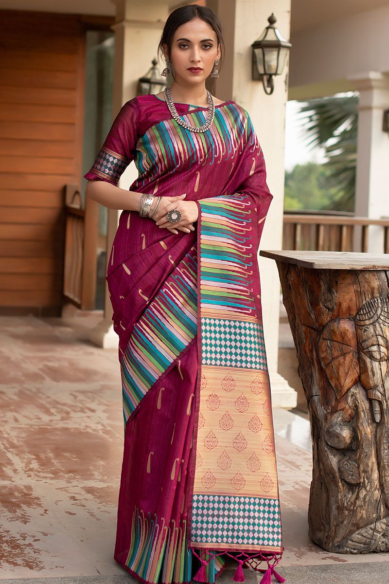 Maroon Color Coveted Saree With Weaving Work