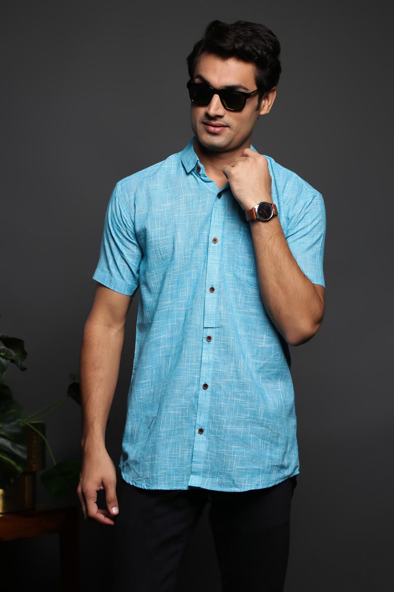 Cyan Cotton Casual Half Sleeve Checks Shirt