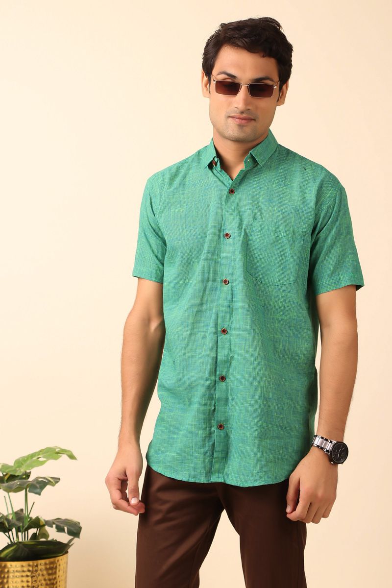 Sea Green Cotton Casual Half Sleeve Checks Shirt