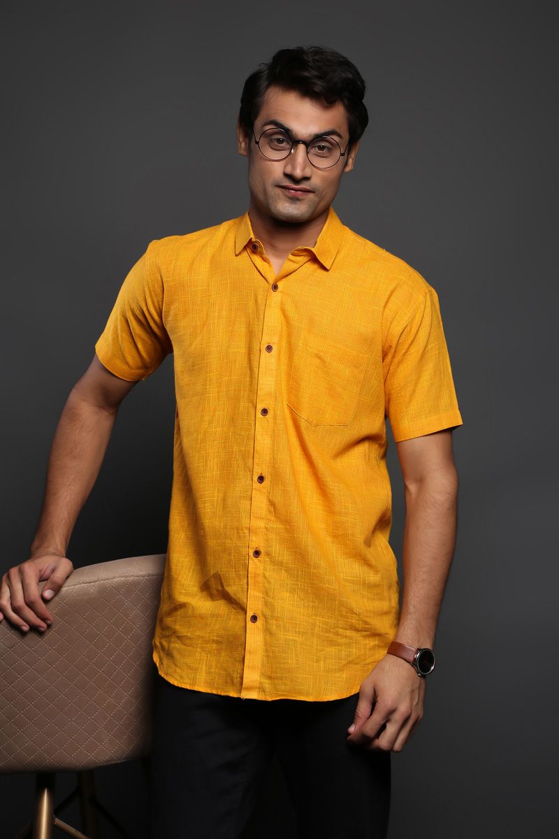 Attractive Mustard Color Cotton Fabric Casual Half Sleeve Fancy Checks Shirt