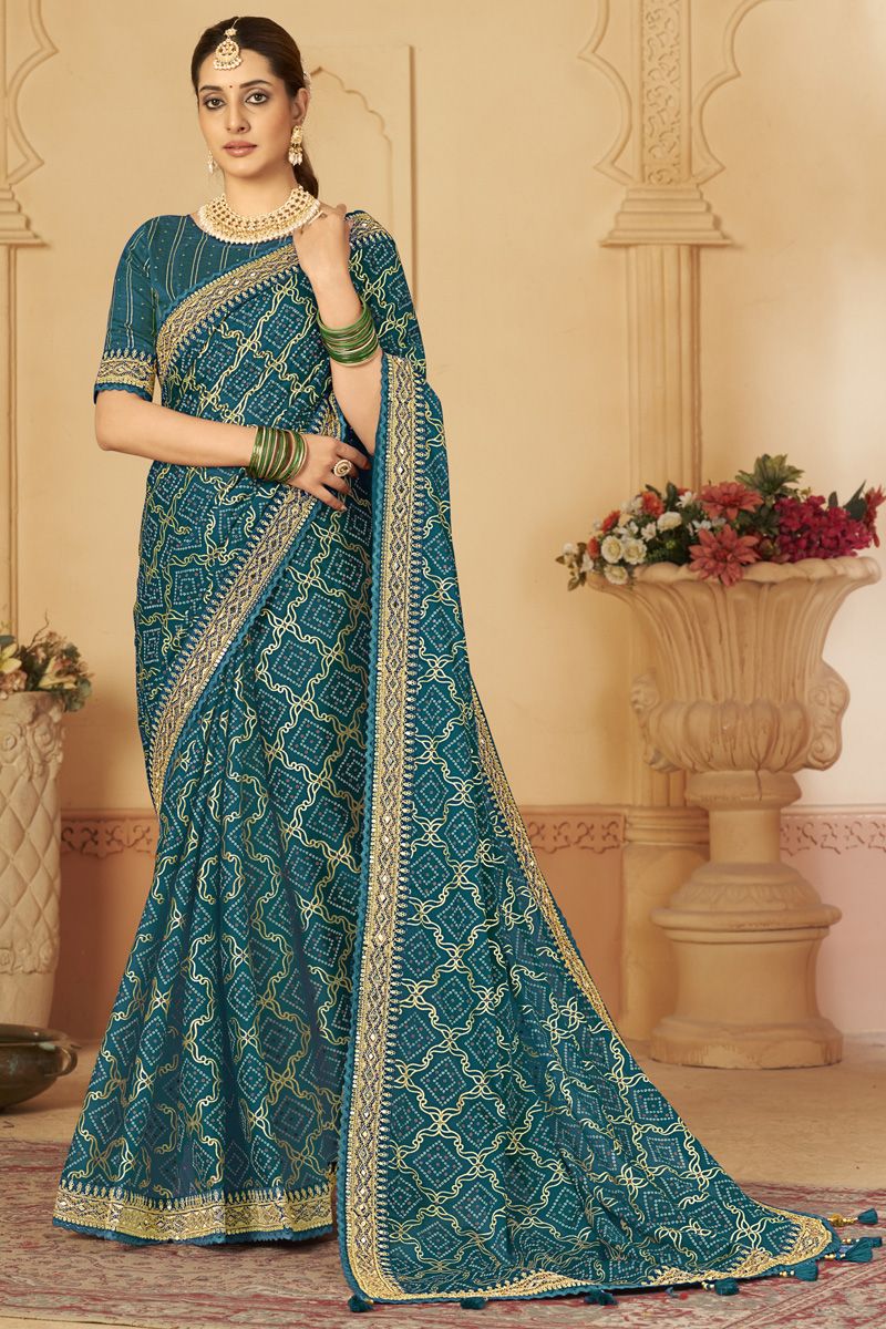 Teal Color Art Silk Bandhani Printed Saree