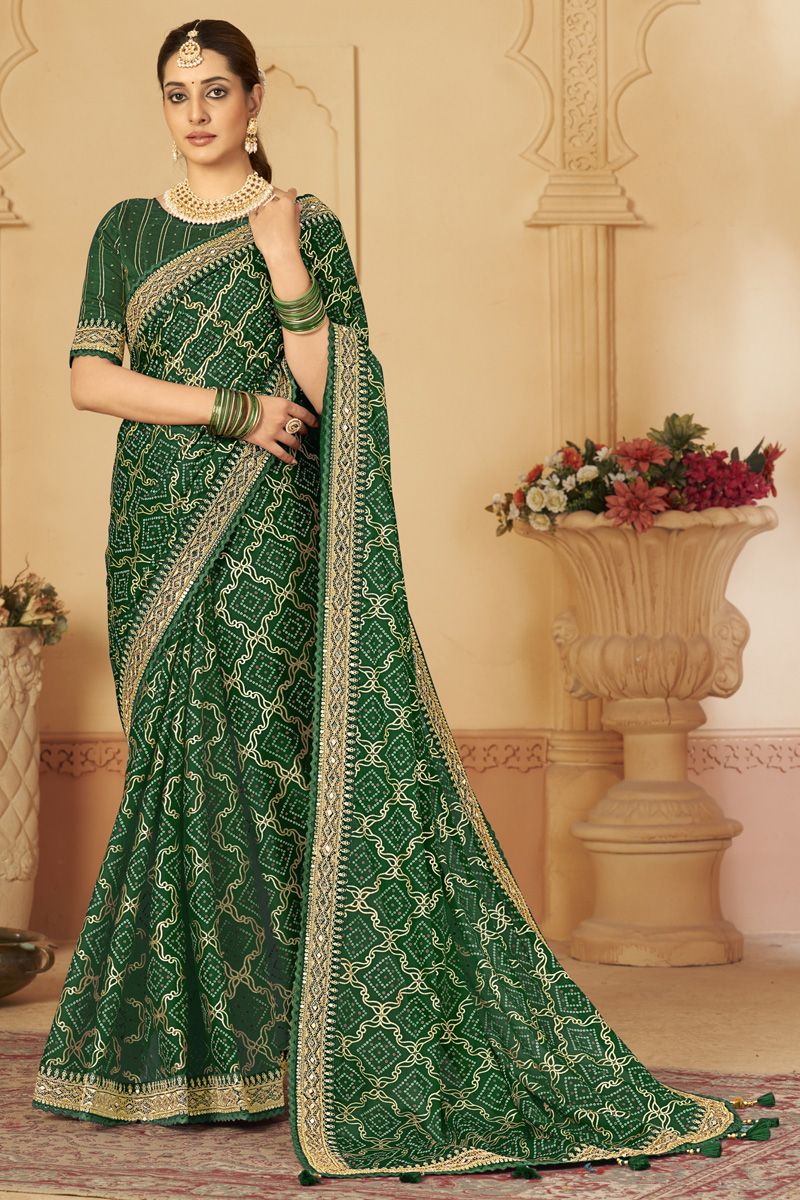 Art Silk Bandhani Printed Green Color Saree