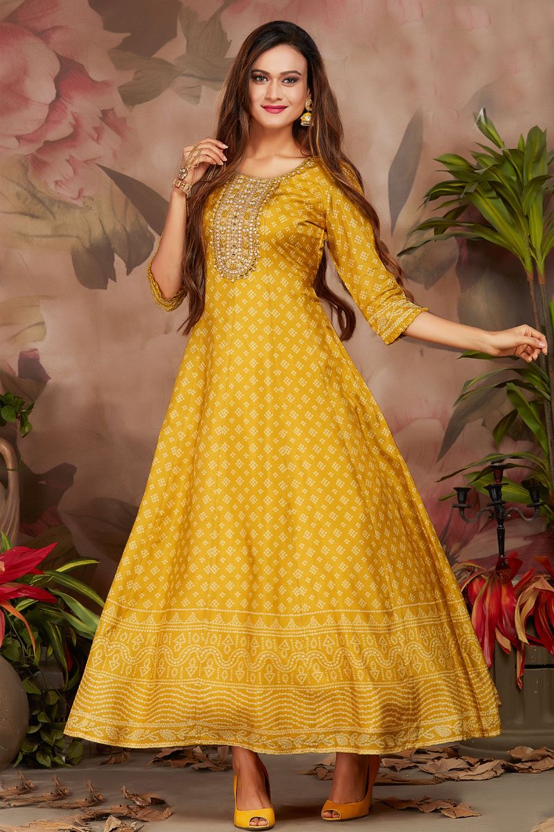 Art Silk Mustard Color Fantastic Anarkali Style Kurti In Festival Wear