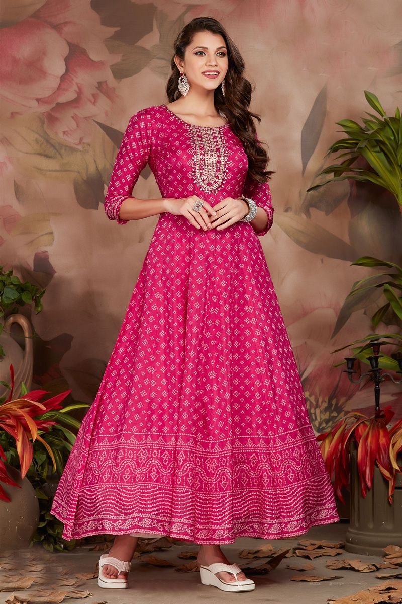 Art Silk Rani Color Winsome Anarkali Style Kurti In Festival Wear