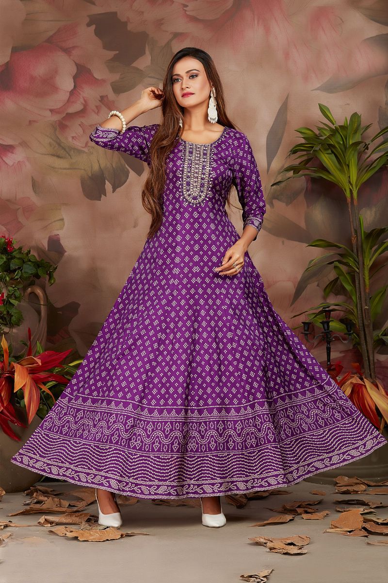 Purple Color Art Silk Vintage Anarkali Style Kurti In Festival Wear