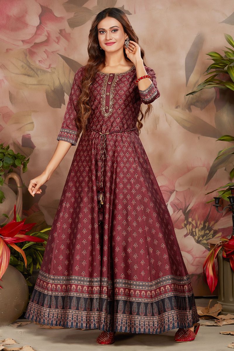 Art Silk Maroon Color Excellent Anarkali Style Kurti In Festival Wear