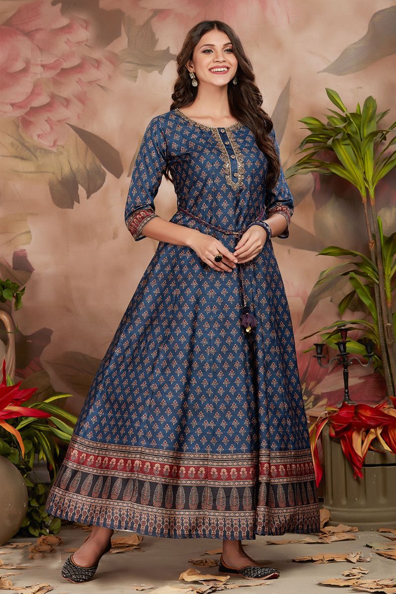 Festival Wear Art Silk Blue Color Glamorous Anarkali Style Kurti