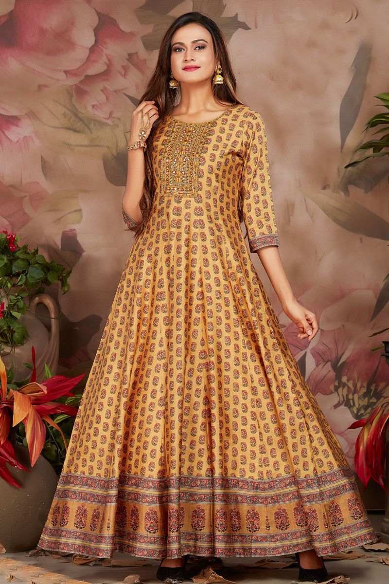 Festival Wear Yellow Color Art Silk Charming Anarkali Style Kurti