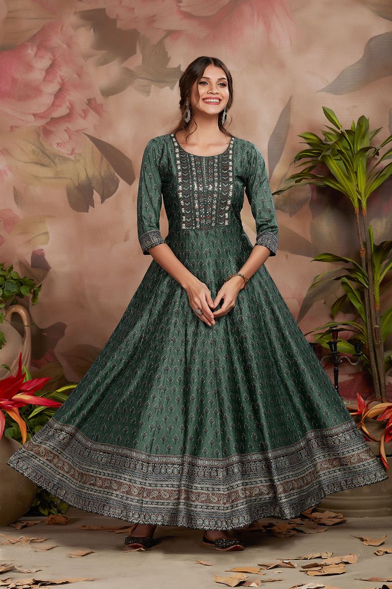 Green Color Digital Printed Art Silk Lovely Anarkali Style Kurti