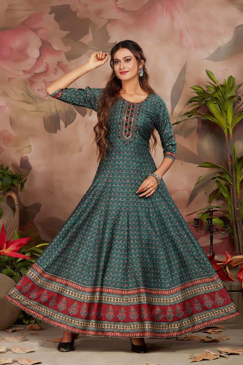 Festival Wear Art Silk Green Color Attractive Anarkali Style Kurti