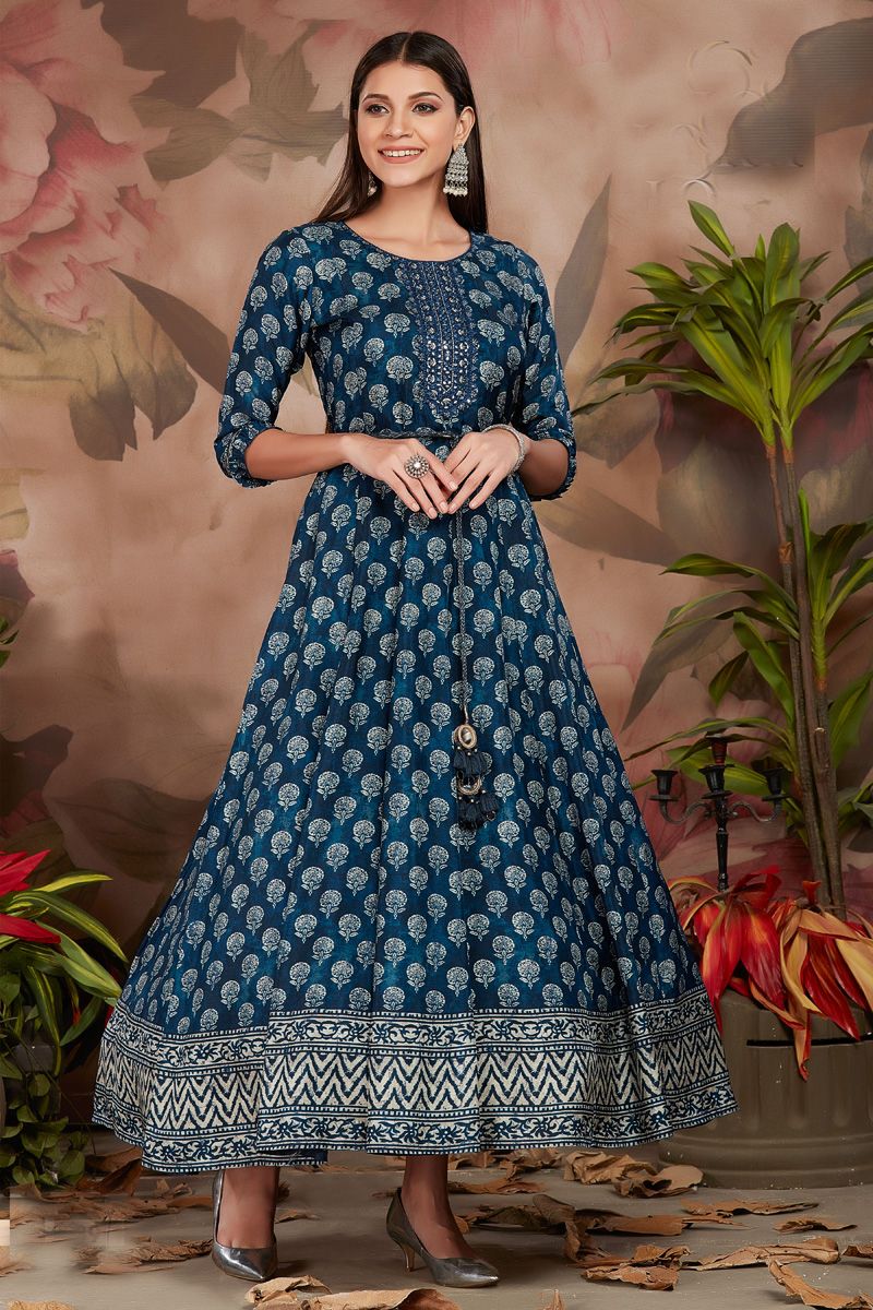 Digital Printed Blue Color Art Silk Fascinating Anarkali Style Kurti