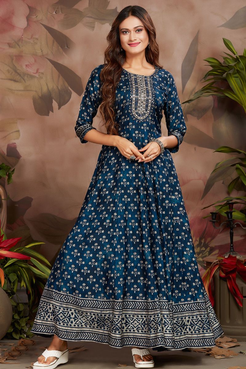 Digital Printed Art Silk Blue Color Incredible Anarkali Style Kurti