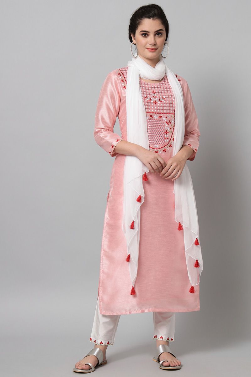 Pink Color Rayon Incredible Top Bottom Dupatta Set