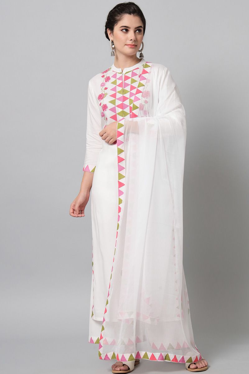 Rayon White Color Phenomenal Top Bottom Dupatta Set