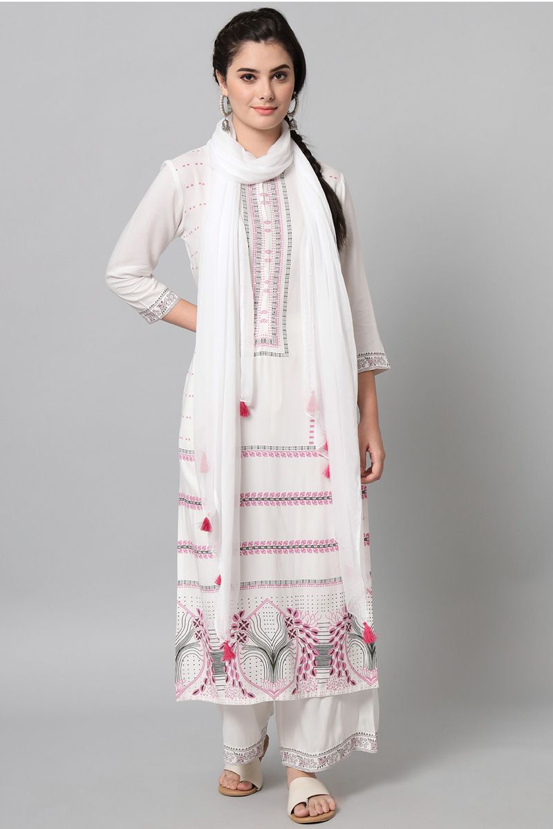 Rayon Chic Top Bottom Dupatta Set In White Color