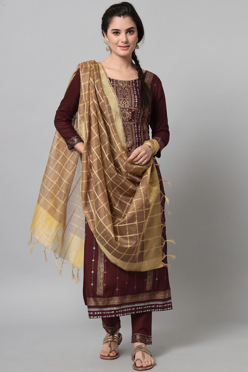 Rayon Vivacious Top Bottom Dupatta Set In Brown Color