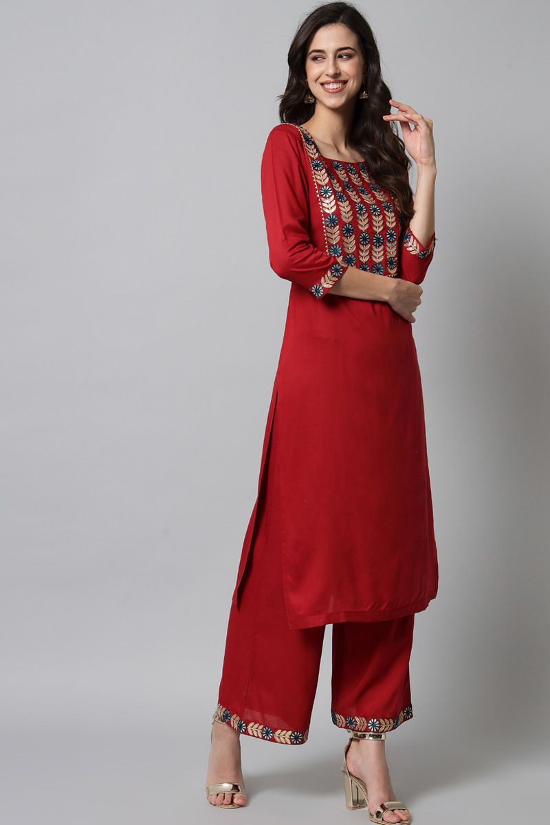 Rayon Mesmeric Top Bottom Set In Red Color