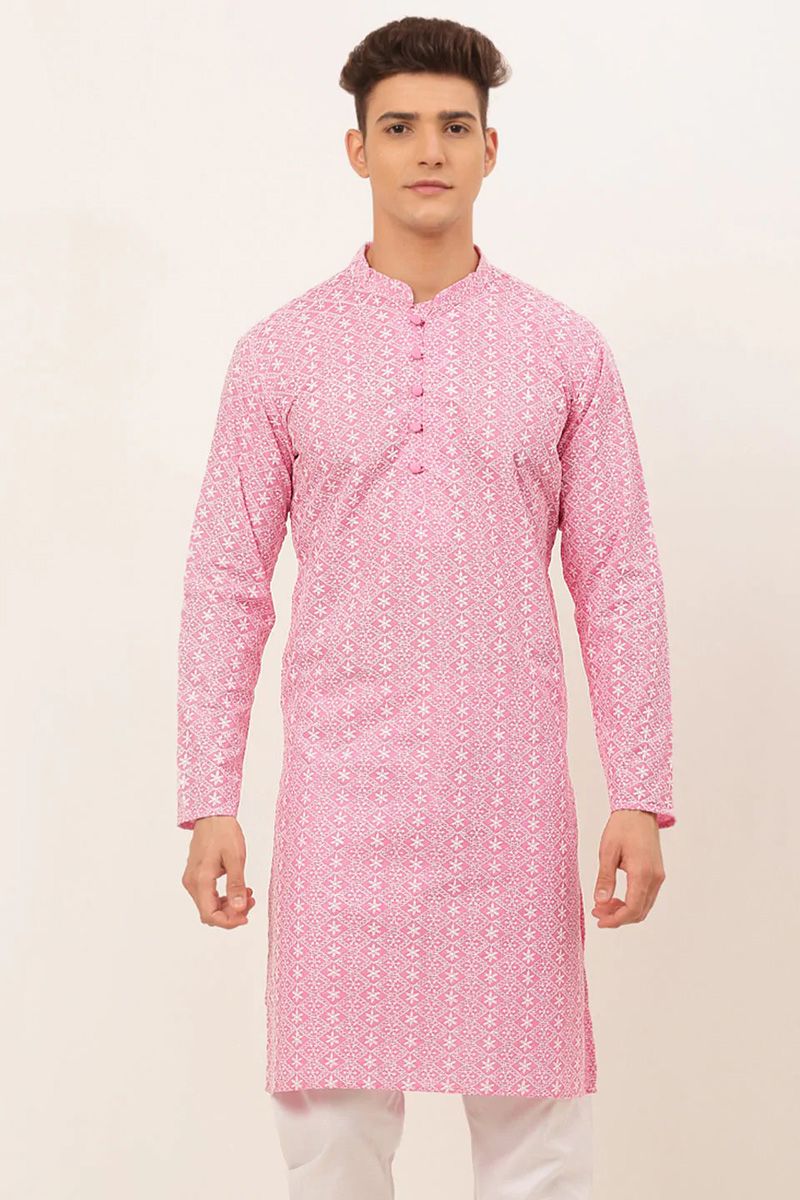 Pink Color Cotton Fabric Function Wear Royal Kurta