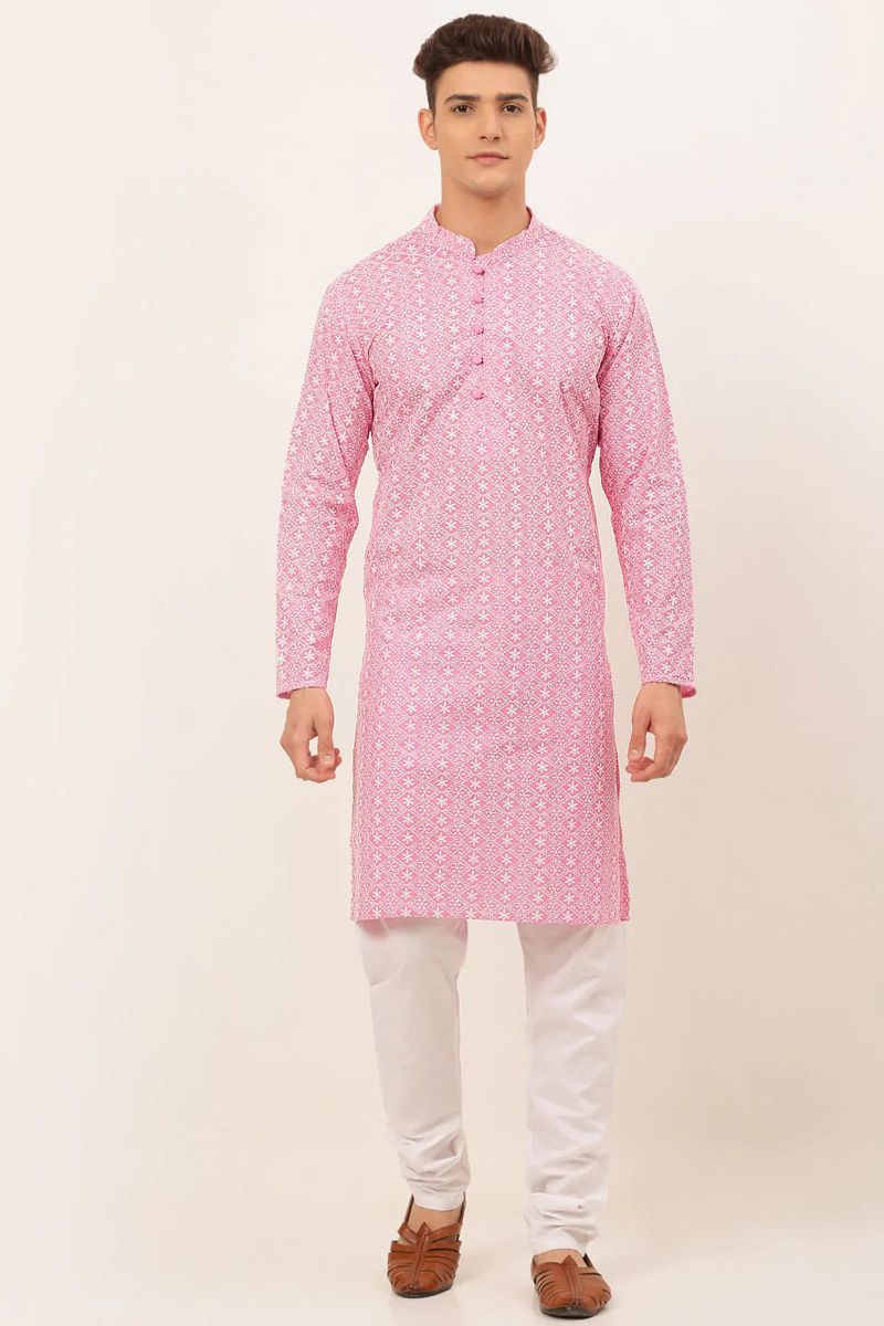 Sober Cotton Fabric Function Wear Pink Color Kurta Pyjama Set