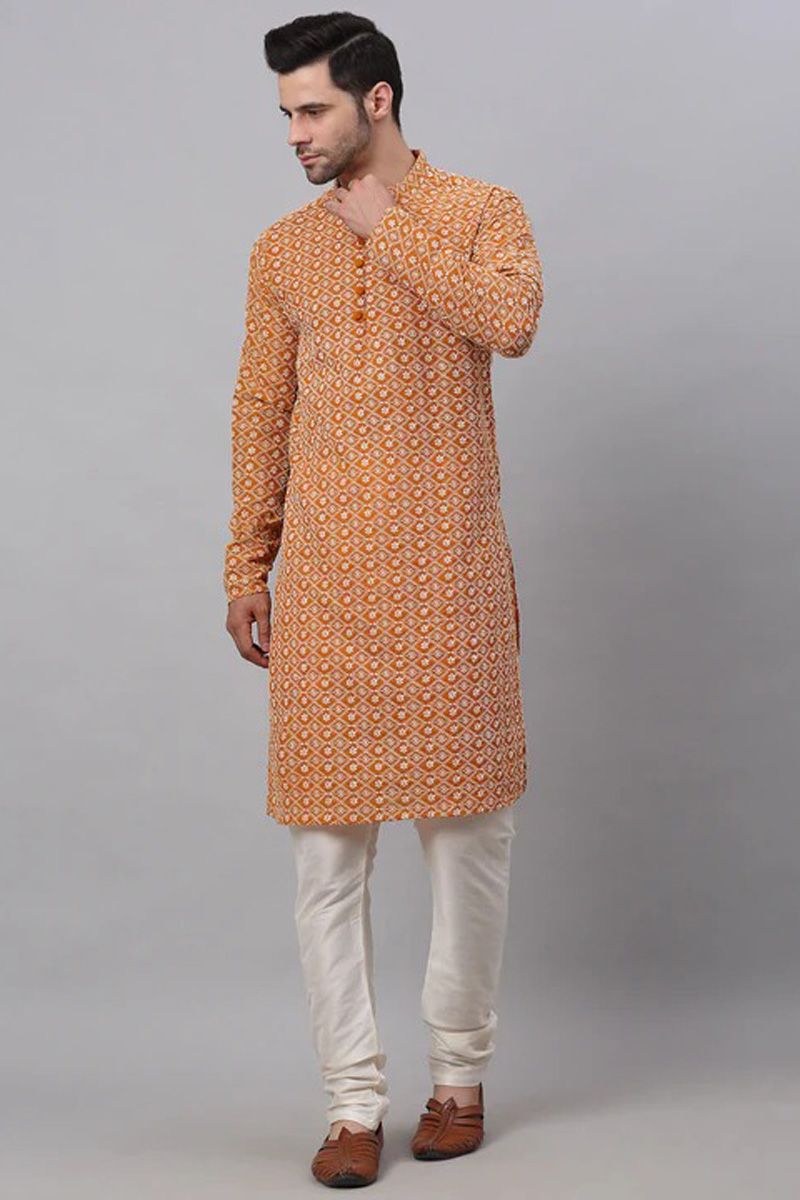 Riveting Mustard Color Function Wear Kurta Pyjama In Cotton Fabric