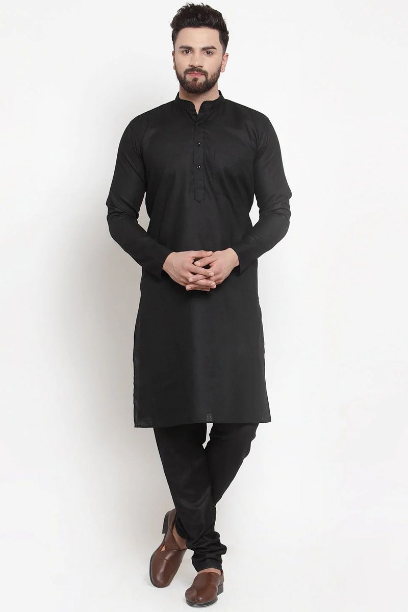 Function Wear Black Color Engaging Kurta Pyjama In Cotton Fabric