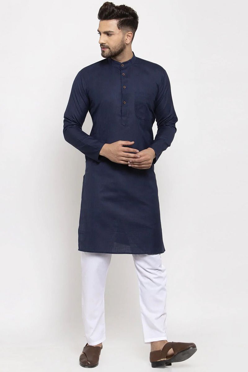 Navy Blue Color Function Wear Brilliant Kurta Pyjama In Cotton Fabric