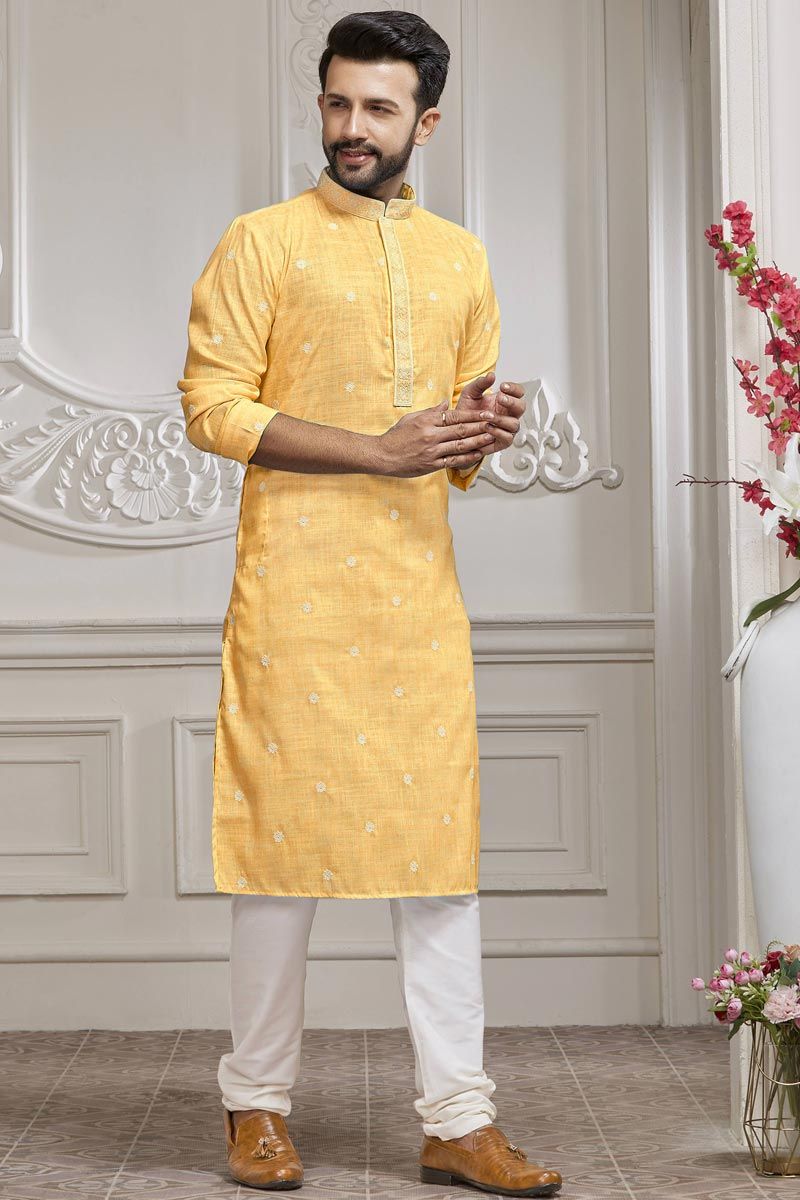 Stunning Mustard Color Embroidered Kurta Pyjama In Cotton Fabric