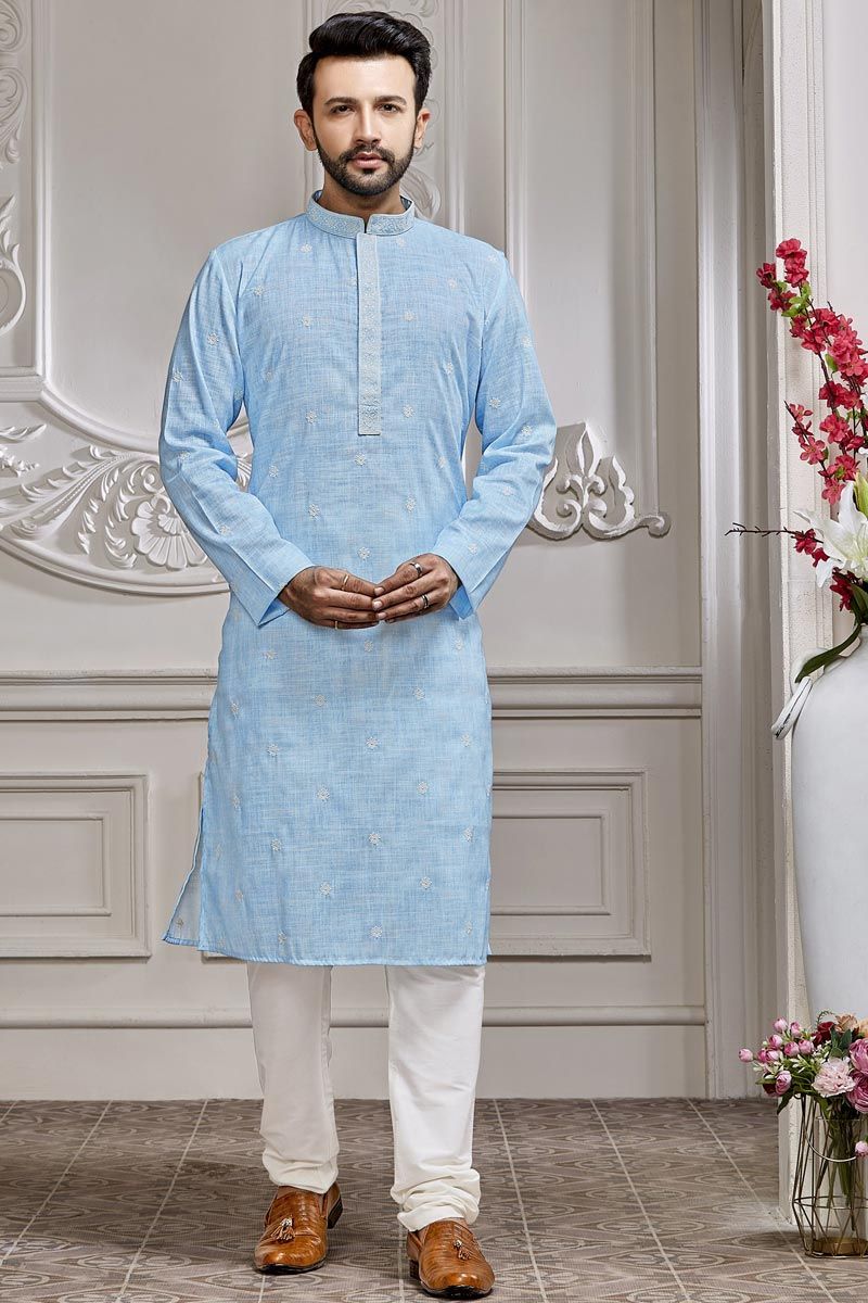 Appealing Sky Blue Color Cotton Fabric Embroidered Kurta Pyjama