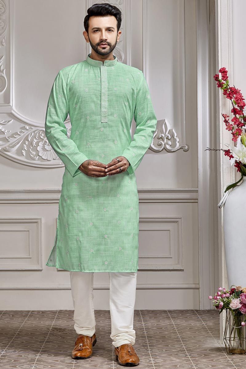 Captivating Cotton Fabric Embroidered Sea Green Color Kurta Pyjama